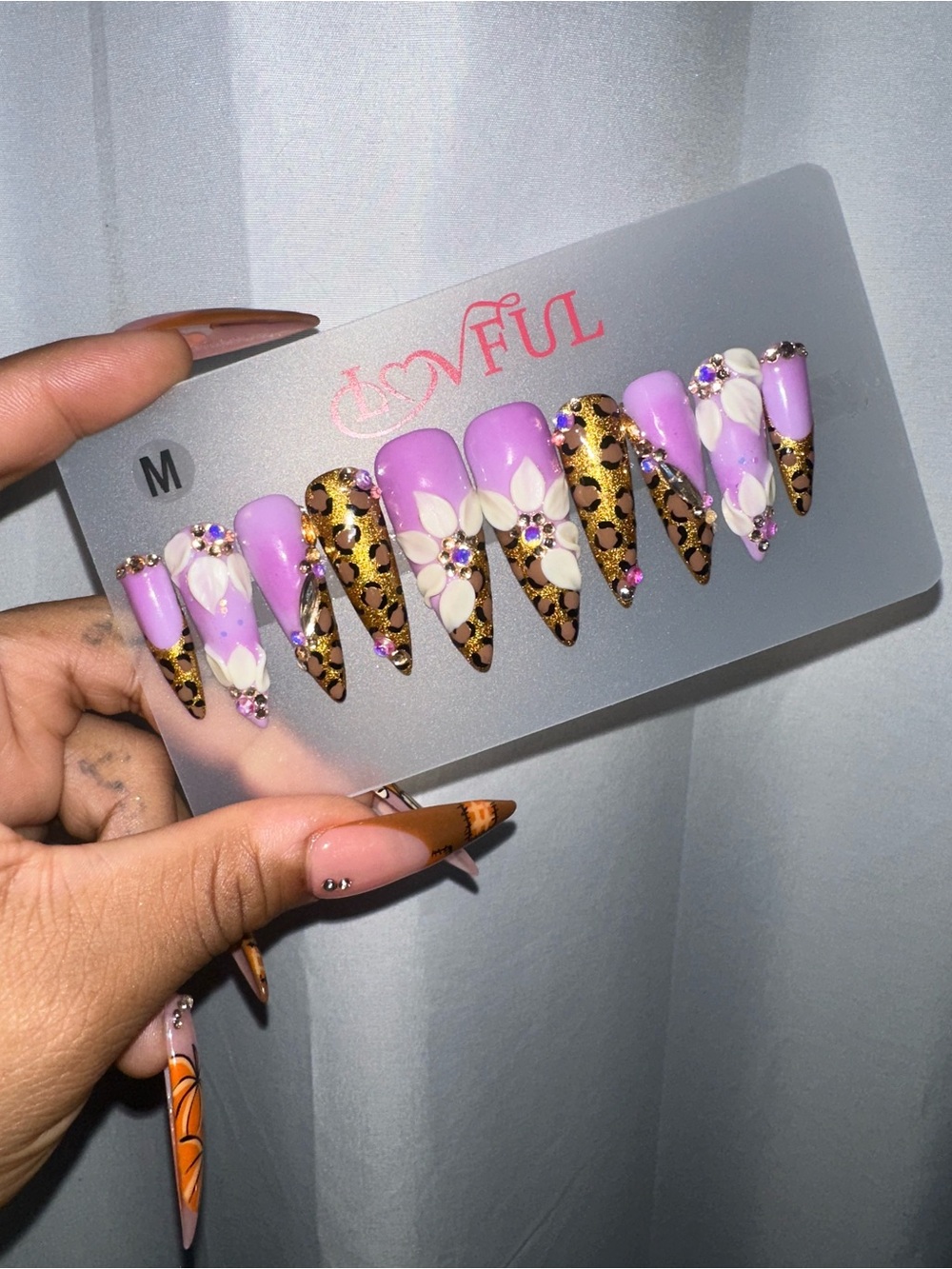 Lavender Floral & Gold Leopard Stiletto Press-On Nails